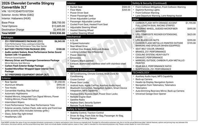 2026 Chevrolet Corvette Stingray 3LT